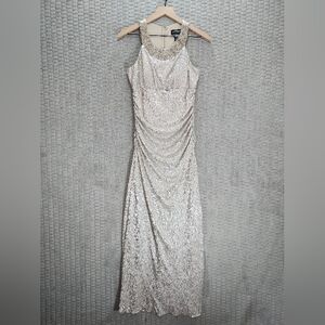 Cachet Racerback Champagne Ruched Maxi Gown with Beaded Collar-Sz 2